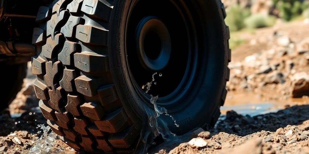 Rugged off-road tire with aggressive tread on muddy, rocky terrain.
